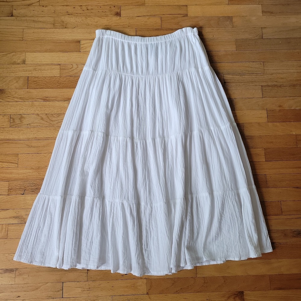 Notations Crinkled Gauze Cotton Maxi Skirt Large White Elastic Waistband Prairie